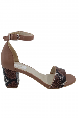 Sandale dama eleganti, piele naturala, toc gros, cu imprimeu sarpe, bej inchis, Sandali [1]