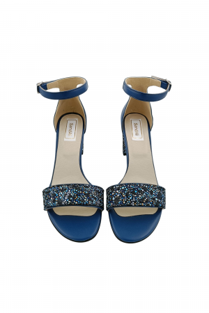Sandale dama eleganti, piele naturala, toc gros, imprimeu de flori albastre, albastru, Sandali [3]