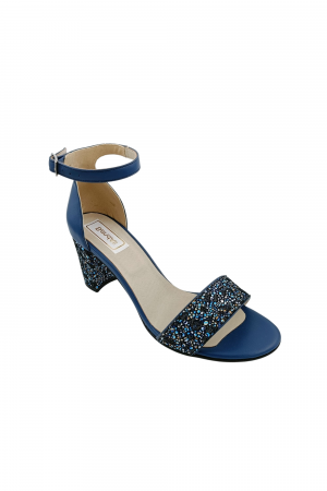Sandale cu toc gros 6 cm - Sandale dama eleganti, piele naturala, toc gros, imprimeu de flori albastre, albastru, Sandali