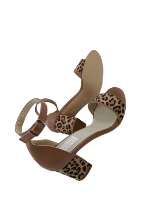 Sandale dama eleganti, piele naturala, toc gros, imprimeu de leopard, bej inchis, Sandali [4]