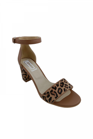 Sandale cu toc gros 6 cm - Sandale dama eleganti, piele naturala, toc gros, imprimeu de leopard, bej inchis, Sandali