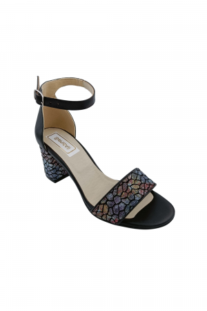Sandale cu toc gros 6 cm - Sandale dama eleganti, piele naturala, toc gros, imprimeu de mozaic, negru, Sandali