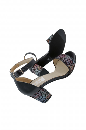 Sandale dama eleganti, piele naturala, toc gros, imprimeu de mozaic, negru, Sandali [4]