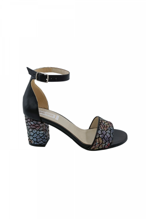 Sandale dama eleganti, piele naturala, toc gros, imprimeu de mozaic, negru, Sandali [1]