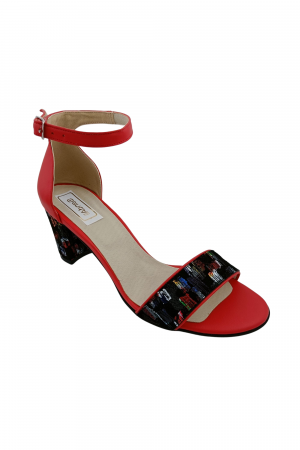 Sandale cu toc gros 6 cm - Sandale dama eleganti, piele naturala, toc gros, imprimeu de picasso, rosu, Sandali