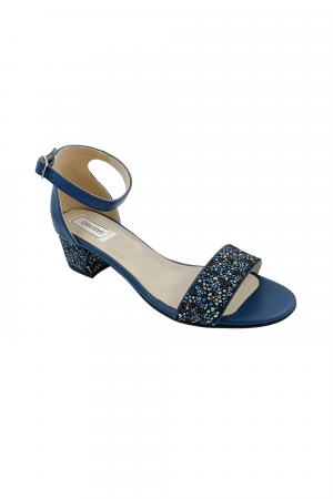 Sandale cu toc 4 cm - Sandale dama eleganti, piele naturala, toc mic gros, albastru cu flori albastre, Sandali