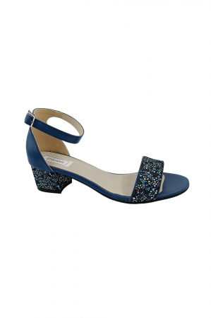 Sandale dama eleganti, piele naturala, toc mic gros, albastru cu flori albastre, Sandali [1]