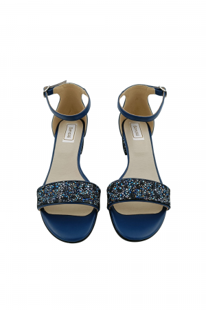 Sandale dama eleganti, piele naturala, toc mic gros, albastru cu flori albastre, Sandali [3]