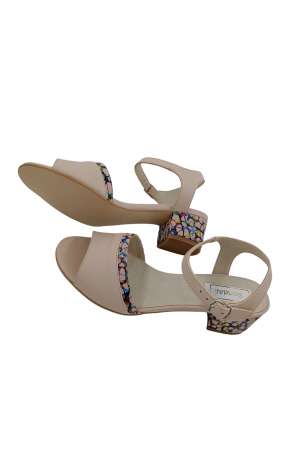Sandale dama eleganti, piele naturala, toc mic gros, barete, imprimeu de abstract, bej, Sandali [4]