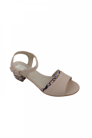 Sandale cu toc 4 cm - Sandale dama eleganti, piele naturala, toc mic gros, barete, imprimeu de abstract, bej, Sandali