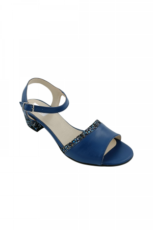 Sandale cu toc 4 cm - Sandale dama eleganti, piele naturala, toc mic gros, barete, imprimeu de flori albastre, albastru, Sandali