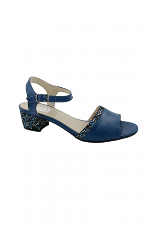 Sandale dama eleganti, piele naturala, toc mic gros, barete, imprimeu de flori albastre, albastru, Sandali [1]