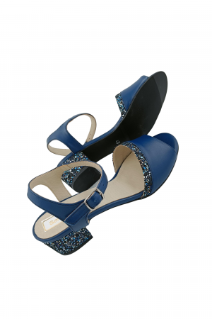 Sandale dama eleganti, piele naturala, toc mic gros, barete, imprimeu de flori albastre, albastru, Sandali [4]