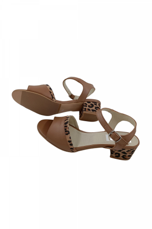 Sandale dama eleganti, piele naturala, toc mic gros, barete, imprimeu de lepoard, bej inchis, Sandali [4]
