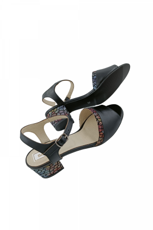 Sandale dama eleganti, piele naturala, toc mic gros, barete, imprimeu de mozaic, negru, Sandali [4]