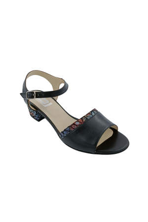 Sandale cu toc 4 cm - Sandale dama eleganti, piele naturala, toc mic gros, barete, imprimeu de mozaic, negru, Sandali