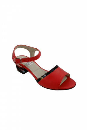 Sandale cu toc 4 cm - Sandale dama eleganti, piele naturala, toc mic gros, barete, imprimeu de picasso, rosu, Sandali