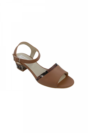 Sandale cu toc 4 cm - Sandale dama eleganti, piele naturala, toc mic gros, barete, imprimeu de sarpe, bej inchis, Sandali