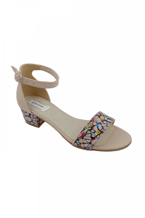 Sandale cu toc 4 cm - Sandale dama eleganti, piele naturala, toc mic gros, imprimeu de abstract pe bareta, bej, Sandali