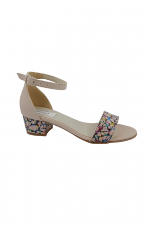 Sandale dama eleganti, piele naturala, toc mic gros, imprimeu de abstract pe bareta, bej, Sandali [1]