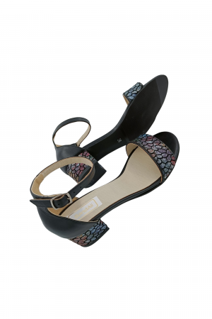 Sandale dama eleganti, piele naturala, toc mic gros, imprimeu de mozaic pe bareta, negru, Sandali [4]