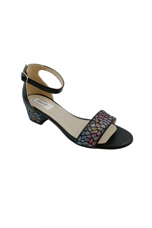 Sandale cu toc 4 cm - Sandale dama eleganti, piele naturala, toc mic gros, imprimeu de mozaic pe bareta, negru, Sandali