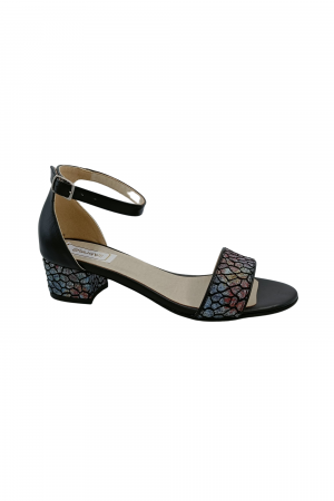 Sandale dama eleganti, piele naturala, toc mic gros, imprimeu de mozaic pe bareta, negru, Sandali [1]