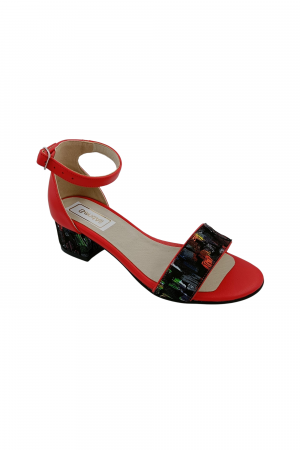 Sandale cu toc 4 cm - Sandale dama eleganti, piele naturala, toc mic gros, imprimeu de picasso, rosu, Sandali