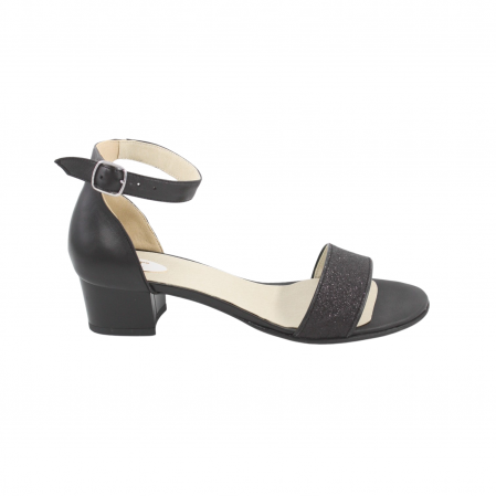 Sandale cu toc 4 cm - Sandale dama eleganti, piele naturala, toc mic gros, negru glitter pe bareta, negru, Sandali