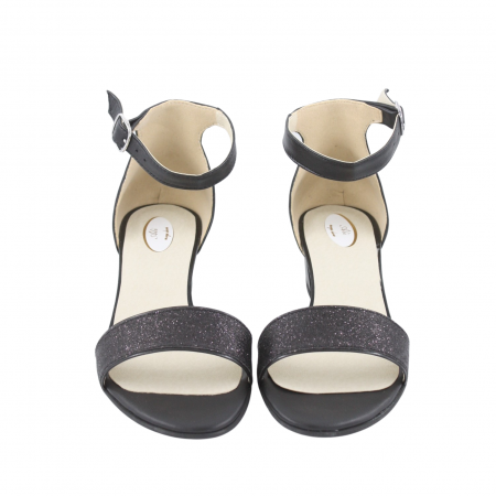 Sandale dama eleganti, piele naturala, toc mic gros, negru glitter pe bareta, negru, Sandali [2]