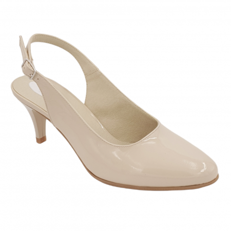 Pantofi sanda cu toc subtire - Sandale dama eleganti, piele naturala, toc subtire, bej lacuit, Sandali