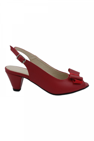 Sandale cu toc 4 cm - Sandale damă eleganți, piele naturală, vârf decupat cu fundă, toc conic, roșu