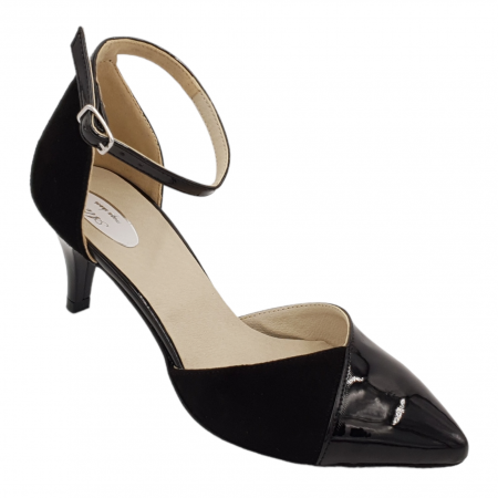 Pantofi sanda cu toc subtire - Sandale dama eleganti, varf ascutit, piele naturala lacuita, toc subtire, negru cu piele velur, Sandali