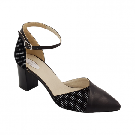 Pantofi sanda cu toc gros 6 cm - Sandale dama eleganti, varf ascutit, piele naturala, toc gros, negru cu buline albe, Sandali