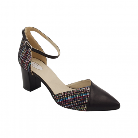 Pantofi sanda cu toc gros 6 cm - Sandale dama eleganti, piele naturala, varf ascutit, toc gros, negru cu linii colorate, Sandali