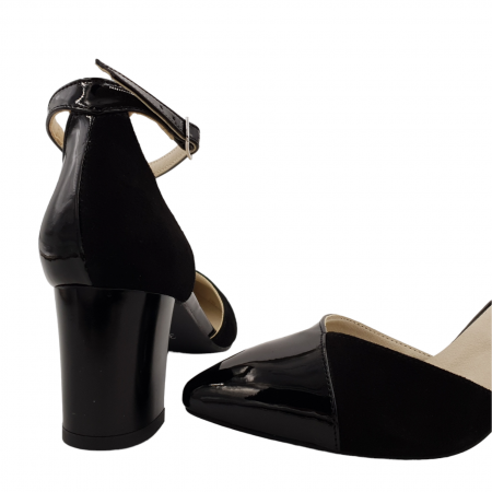 Sandale dama eleganti, varf ascutit, piele naturala, toc gros, negru lacuit velur, Sandali [3]