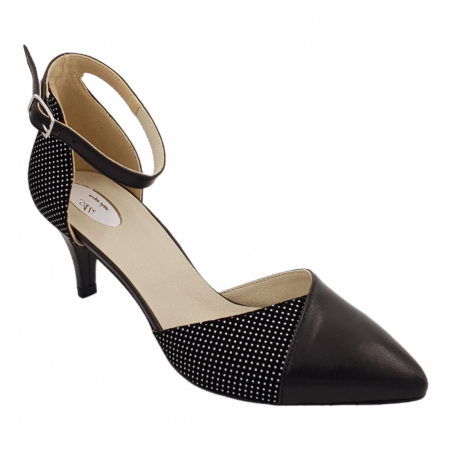 Pantofi sanda cu toc subtire - Sandale dama eleganti, varf ascutit, piele naturala, toc subtire, negru cu buline albe, Sandali