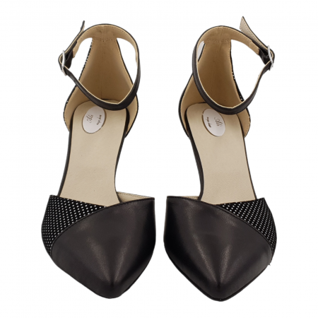 Sandale dama eleganti, varf ascutit, piele naturala, toc subtire, negru cu buline albe, Sandali [2]