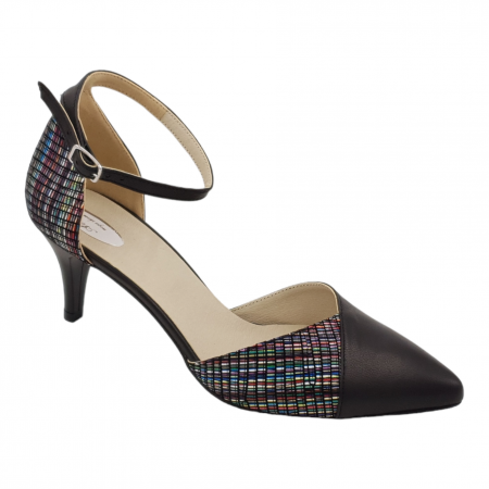 Pantofi sanda cu toc subtire - Sandale dama eleganti, varf ascutit, piele naturala, toc subtire, negru cu linii colorate, Sandali