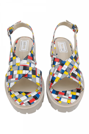 Sandale damă fara toc, piele naturală, imprimeu, talpă ușoară, bareta cataramă, carouri multicolor [3]
