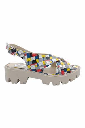 Sandale fara toc - Sandale damă fara toc, piele naturală, imprimeu, talpă ușoară, bareta cataramă, carouri multicolor