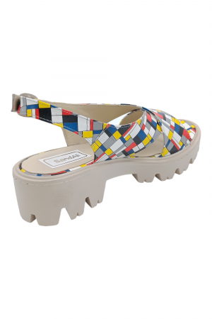 Sandale damă fara toc, piele naturală, imprimeu, talpă ușoară, bareta cataramă, carouri multicolor [2]