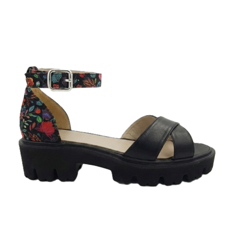 Sandale fara toc - Sandale dama negre din piele naturala cu barete in X si imprimeu floral