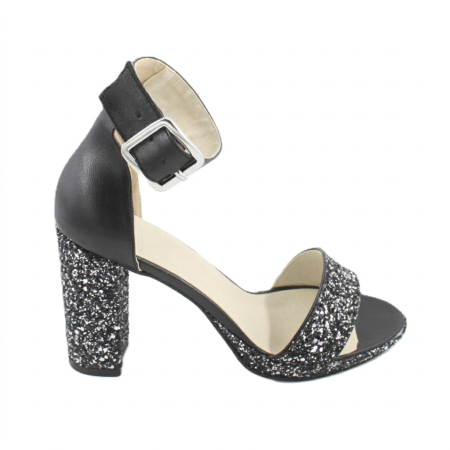 Sandale cu toc înalt - Sandale dama negre din piele naturala cu glitter argintiu
