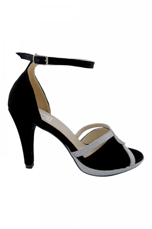 Sandale damă, piele naturală, toc cui înalt îmbrăcat, platou, glitter argintiu, negru, SANDALI [1]