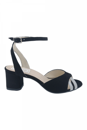 Sandale cu toc 4 cm - Sandale damă, piele naturală, toc gros imbrăcat, glitter argintiu, negru