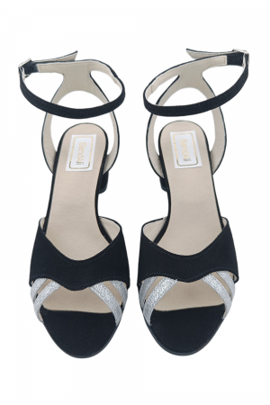 Sandale damă, piele naturală, toc gros imbrăcat, glitter argintiu, negru [3]