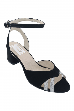 Sandale damă, piele naturală, toc gros imbrăcat, glitter argintiu, negru [1]