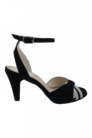 Sandale damă, piele naturală, toc mediu cui, imbracat, glitter argintiu, negru [1]