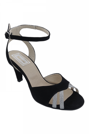 Sandale cu toc înalt - Sandale damă, piele naturală, toc mediu cui, imbracat, glitter argintiu, negru